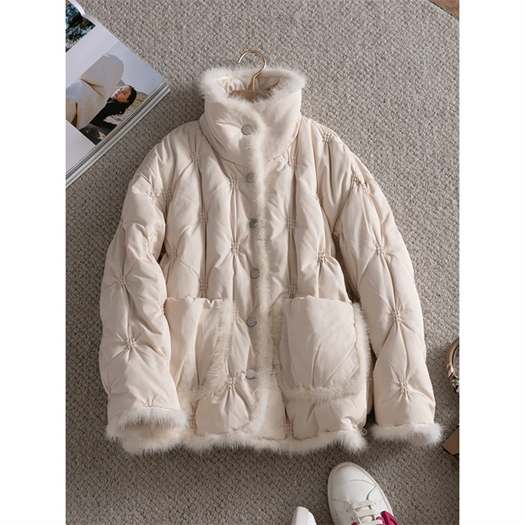 Best Selling French Style Mink Fur Stitching Cropped Coat Embroidered Loose Women Down Jackets Coats