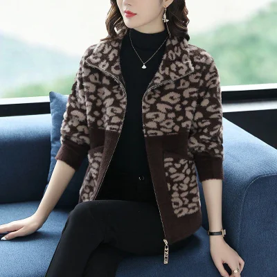 Imitation Sable Samt Strickjacke Mantel Weibliche 2023 Winter Neue Flip Neck Pullover Pullover Nerz Leopard Zipper Mantel Weibliche