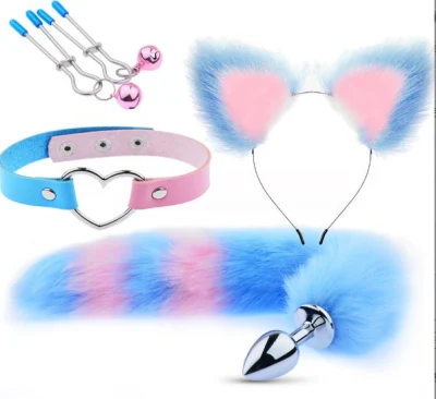 Rosa und blauer Fuchs Cosplay 3-teiliges Set Haarspange, pelziger Anal-Schwanz-Stecker, Fuchsschwanz-Halsband, Halsband, Maskerade, Halloween-Kostüm, Cosplay