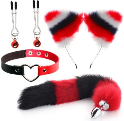 Schwarz Weiß und Rot Fuchs Cosplay 3 STK. Set Haarspange Pelz Anal Schwanz Plug Fuchs Tailand Kragen Halsband Maskerade Halloween Kostüm Cosplay