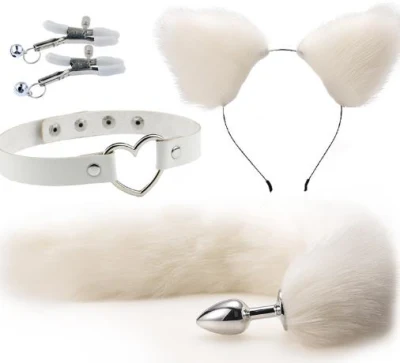 Weißer Fuchs Cosplay 3-teiliges Set Haarspange, pelziger Analschwanz-Plug, Fuchsschwanz, Halsband, Halsband, Maskerade, Halloween-Kostüm, Cosplay