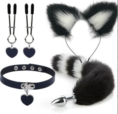 Weißes und schwarzes Fuchs-Cosplay-3-teiliges Set, Haarspange, pelziger Anal-Schwanz-Plug, Fuchsschwanz-Halsband, Halsband, Maskerade, Halloween-Kostüm, Cosplay