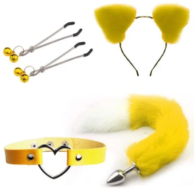 Gelber und weißer Fuchs Cosplay 3 STK. Set Haarspange Pelz Anal Schwanz Plug Fuchs Tailand Kragen Halsband Maskerade Halloween Kostüm Cosplay